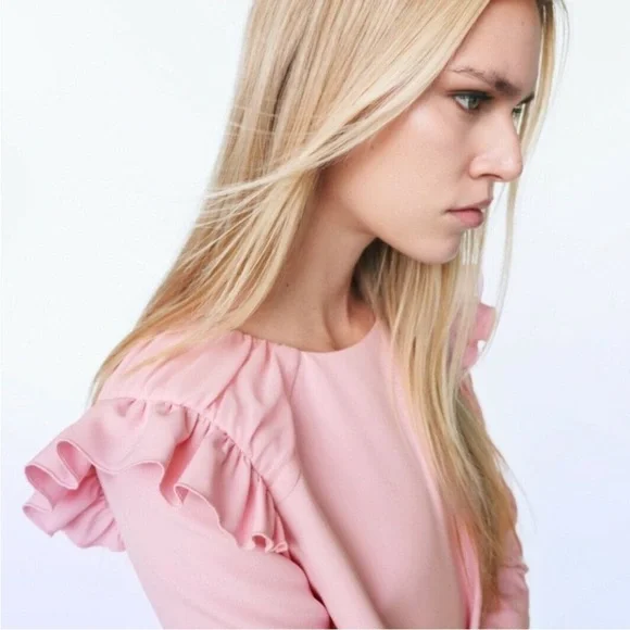 ZARA Bubblegum Pink Ruffle Hem & Shoulders Mini Dress Long Sleeve Sz L - Picture 7 of 16